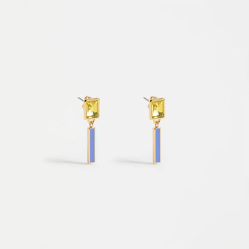 Gold earrings with yellow gemstones and blue rectangular stones on a white background.