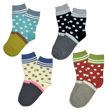 Set of four polka dot socks in various colors on a white background
