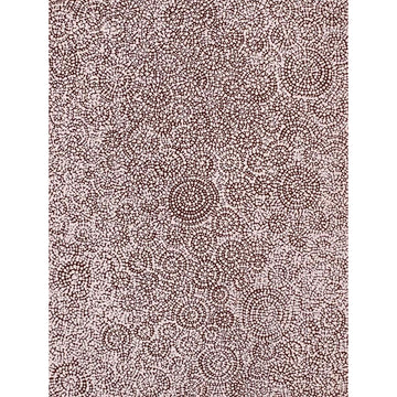 A painting by Patricia Nakamarra Oldfield featuring brown dots in the shapes of circles on a light brown background.