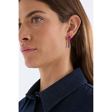 Gold earrings with yellow gemstones and blue rectangular stones on a white background.