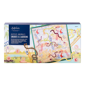 Snakes and Ladders game box with Australian animals design on a white background.