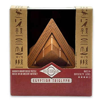 A wooden puzzle in the shape of a triangle in a box titled 'Egyptian Triglyph'.