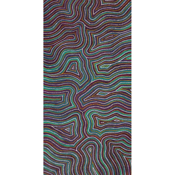 A rectangle painting featuring a pattern in burgundy and green and white.