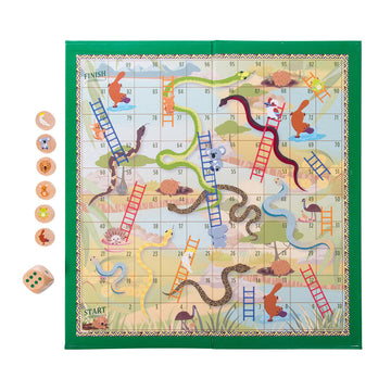 Snakes and Ladders game box with Australian animals design on a white background.