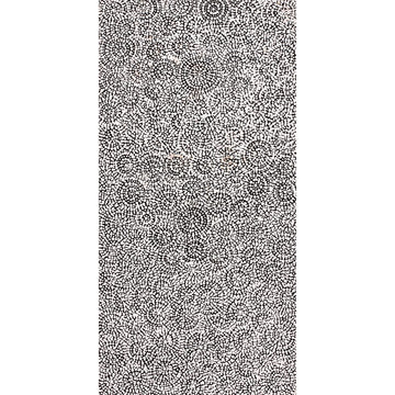 A painting by Patricia Nakamarra Oldfield featuring black dots in the shape of circles on a white background.