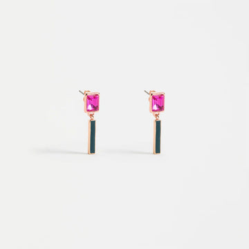 Pair of earrings with pink gemstones and green bars on a white background.