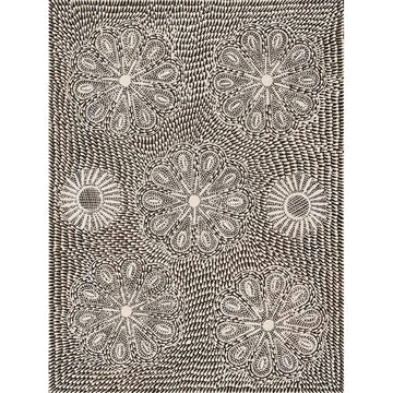 A rectangle painting in black and white with floral motifs.