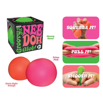 An orange stress ball inside a cube box with round cut outs. The box says 'The Groovy Glob! Nee Doh' on the front and 'Pinch Me Squeeze Me Squish Me Touch Me' on the side and top.