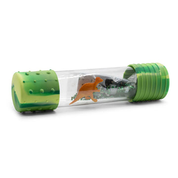 A clear bottle with green silicone sides and an orange dinosaur and green beads inside the bottle.