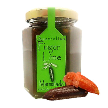 Jar of Australian Finger Lime Marmalade with a green label on a white background