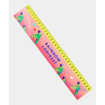 A ruler with moving images of rainbow lorikeets against an orange background.