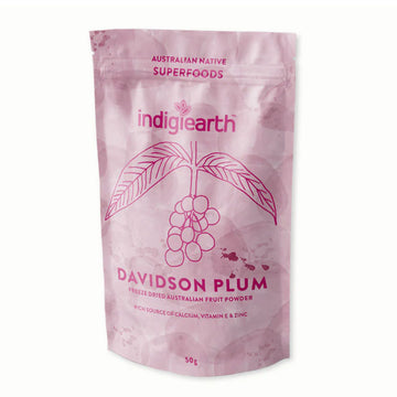 A pink packet titled 'Indigiearth Davidson Plum' with a line drawing of a plant with leaves and plums.