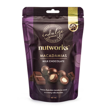A purple packet with the heading 'Nutworks Macadamias Milk Chocolate' and a photo of chocolate covered macadamias, some cut in half.