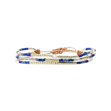Set of beaded bracelets with blue, gold, and beige colors on a white background.