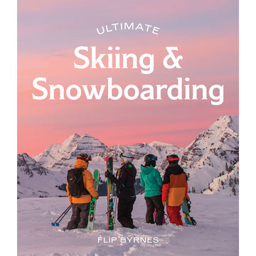 'Skiing and Snowboarding' book cover featuring a photo of the backs of four people holding skis and snowboards looking at the snow covered mountains.