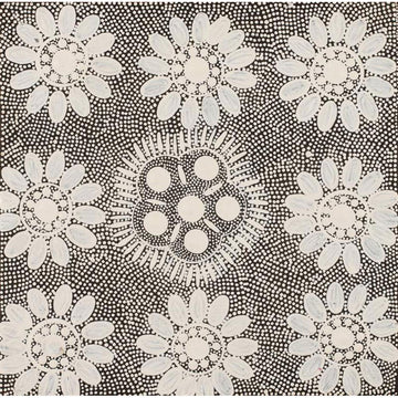 A square painting in black and white featuring sunflowers on a dotted background.