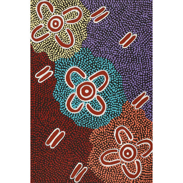 A painting by Justine Nakamarra Nelson featuring dark red symbols on a yellow, purple, red, blue and orange background.