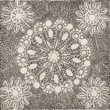 A square painting in black and white with a large flower motif in the middle and four smaller flowers in each corner.