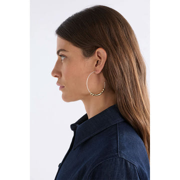 Silver hoop earrings with bead embellishments on a white background