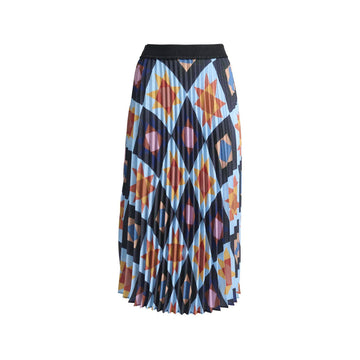 A pleated skirt printed with a star pattern in yellow and blue with a black waistband.