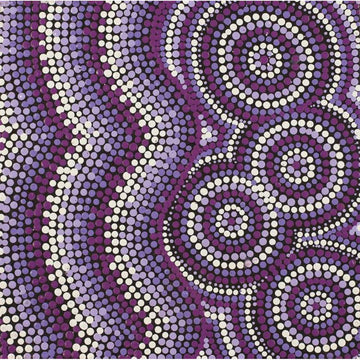 A square painting in purple and white dots forming wavy lines on the left and circles on the right.