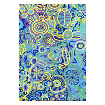 A wool rug printed with artwork by Cedric Varcoe in blue and yellow.