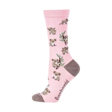 A light pink sock with a grey toe and heel illustrated with koalas. 