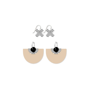 Two pairs of earrings pictured, one with hooks and Xs and the other with hoops and a bell shape.
