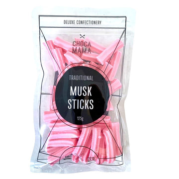 A clear bag filled with musk sticks and the titled 'Traditional Musk Sticks' in a black circle on the front.