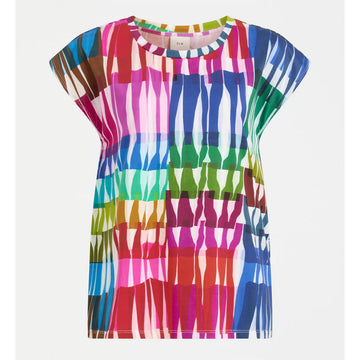 Colorful patterned top on a white background.