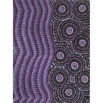 A rectangle painting in purple and black dots featuring wavy lines on the left and circles on the right.