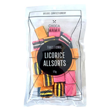A clear bag filled with licorice allsorts and the titled 'Licorice Allsorts ' in a black circle on the front.