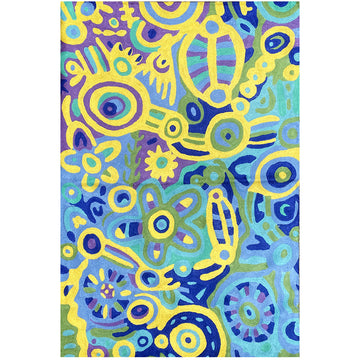 A wool rug printed with artwork by Cedric Varcoe in blue and yellow.