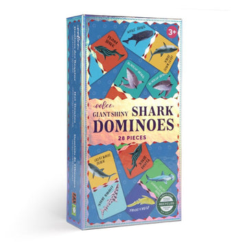 Front of a game box titled 'Giant Shiny Shark Dominoes' with images of a shark illustrated dominoes inside.