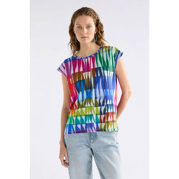 Colorful patterned top on a white background.