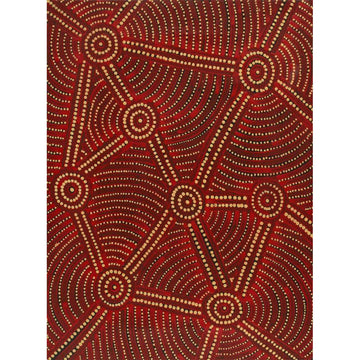 A rectangle painting in red and brown featuring small circles connected with lines with wavy dotted lines in the background.