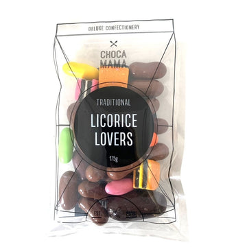 A clear bag filled with assorted licorice and the titled 'Licorice Lovers' in a black circle on the front.