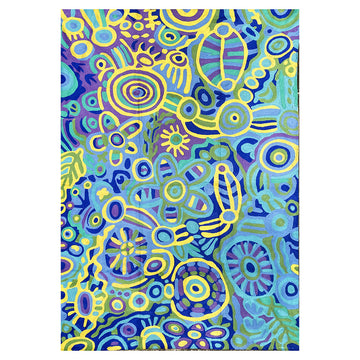 A wool rug printed with artwork by Cedric Varcoe in blue and yellow.