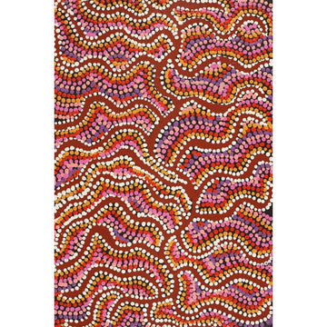 A rectangle painting featuring wavy lines made up of dots in red, brown and yellow.