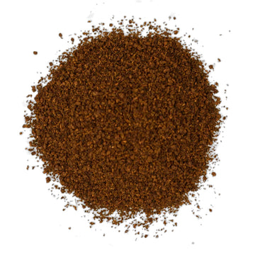 Amaroon bo with white writing and a bowl with loose leaf tea in the bottom right corner next to a wooden spoon.