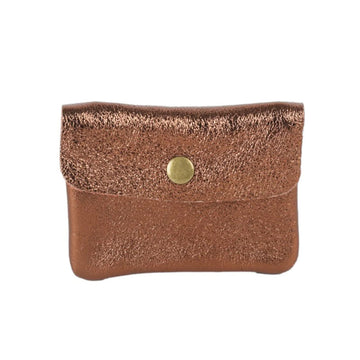 A metallic bronze coloured coin purse with a flap closure.
