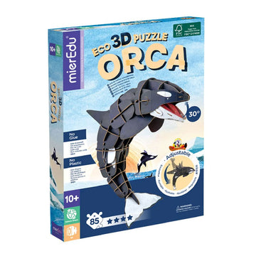 Box of eco 3D puzzle orca with branding and product details on a white background.