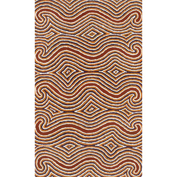 A rectangle painting featuring wavy lines in shades of brown in five horizontal panels.