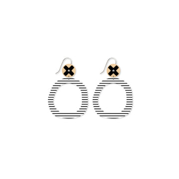 A pair of drop earrings with a black and white striped circle outline.
