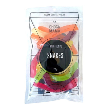 A clear bag filled with snake lollies and the title 'Snakes' in a black circle on the front.