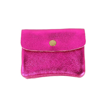 A metallic fuchsia coloured coin purse with a flap closure.