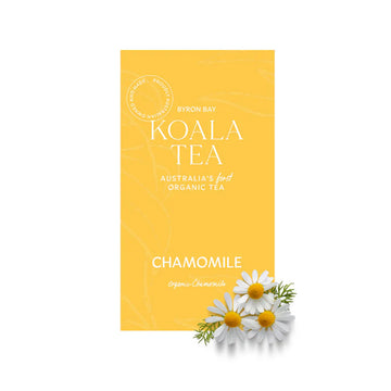 A yellow box with white writing and white flowers in the bottom right hand corner.