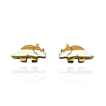 A pair of triceratops shaped gold stud earrings.