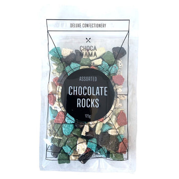 A clear bag filled with chocolate rocks and the title 'Chocolate Rocks' in a black circle on the front.