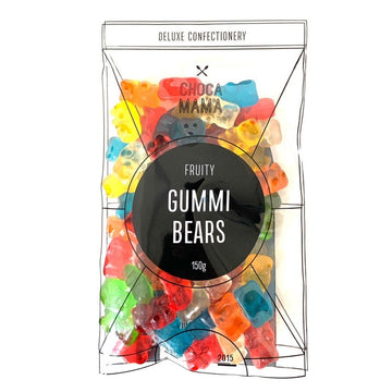 A clear bag filled with gummy bears and the title 'Gummi Bears' in a black circle on the front.